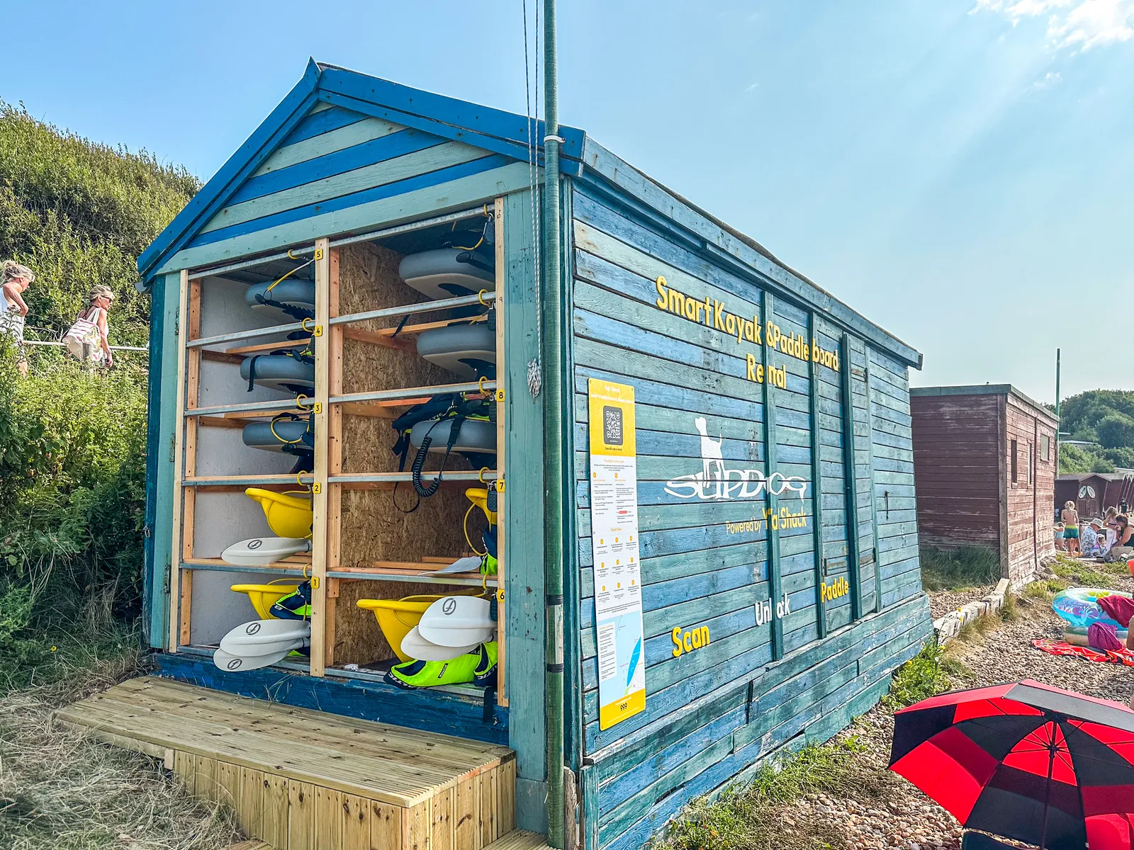 SupDog smart rental shack at Colwell Bay stocked with kayaks and paddleboards
