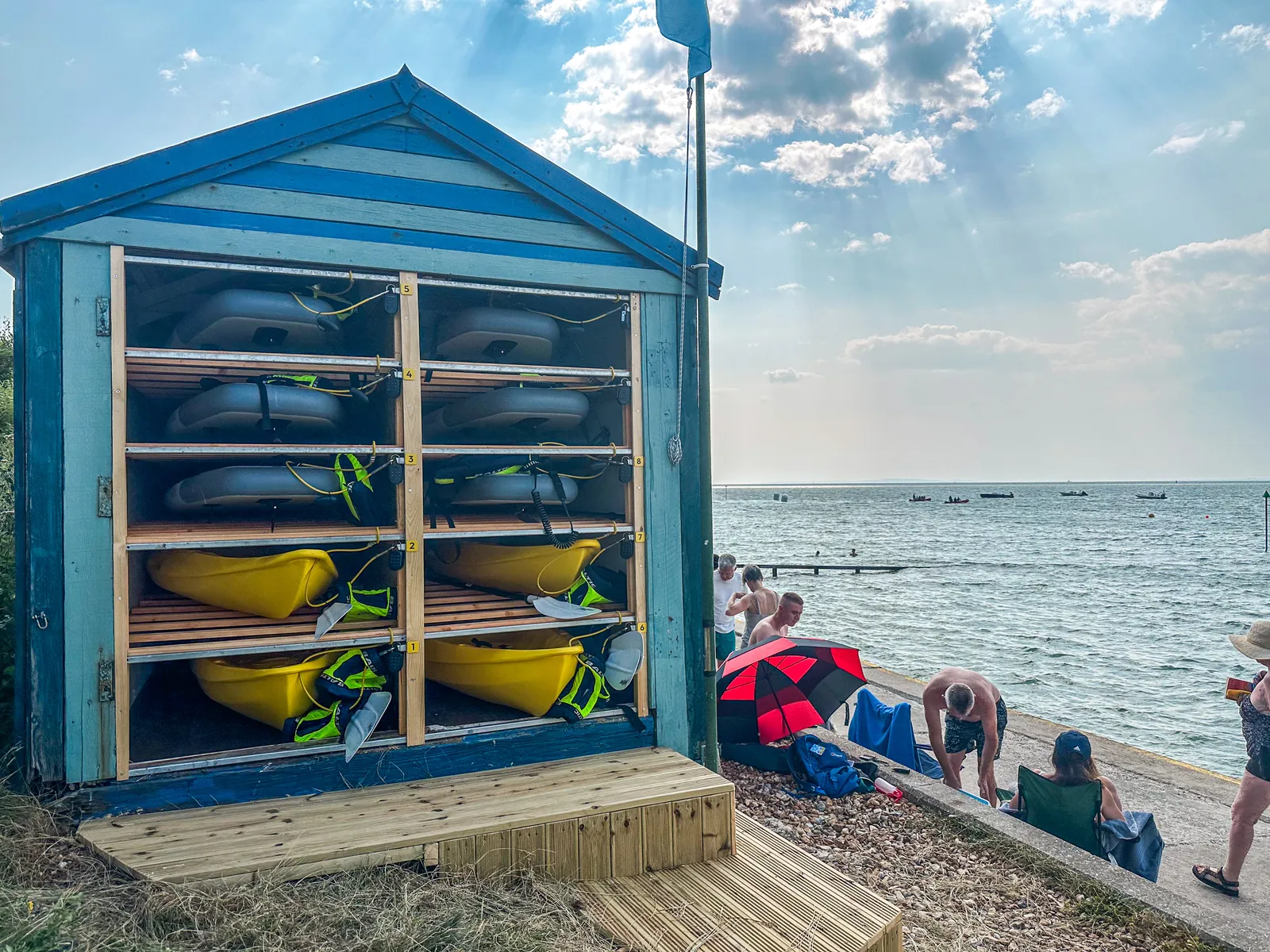 SupDog shack on the beach at Colwell Bay with views across The Solent