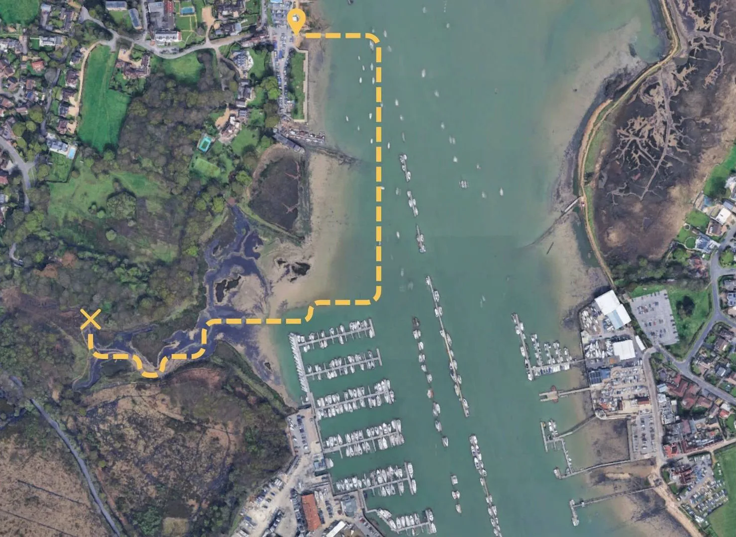 Aerial route map from Yak Shack Hamble Foreshore to Hamble Creek