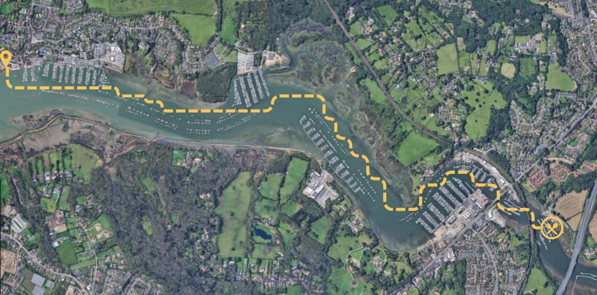 Aerial route map from Yak Shack Hamble Foreshore to the floating cafe near Hamble Country Park