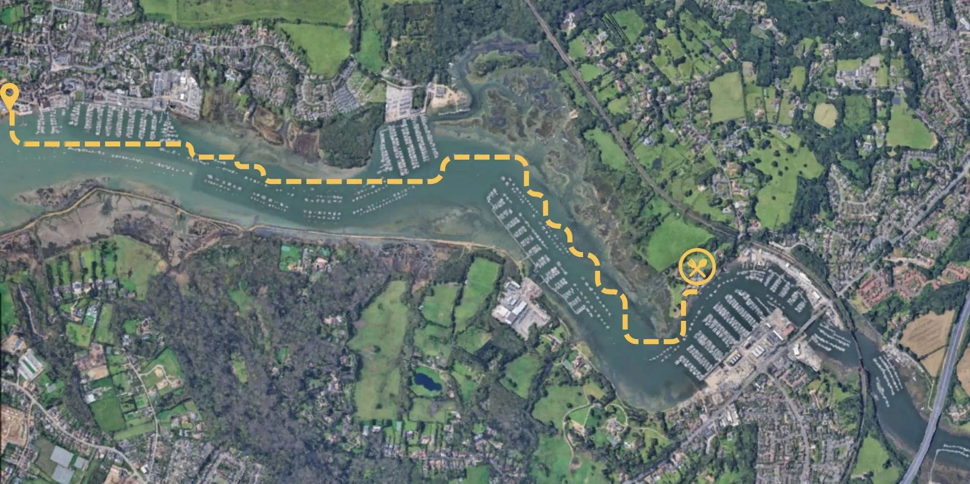 Aerial route map from Yak Shack Hamble Foreshore to The Jolly Sailor pub at Bursledon