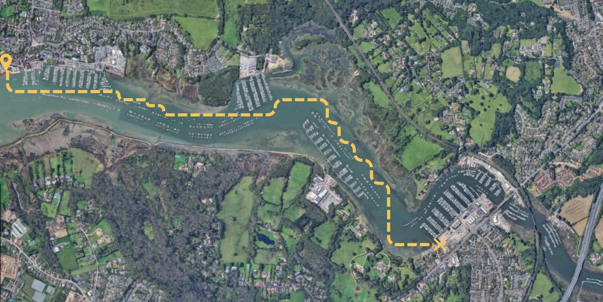 Aerial route map from Yak Shack Hamble Foreshore to Swanwick