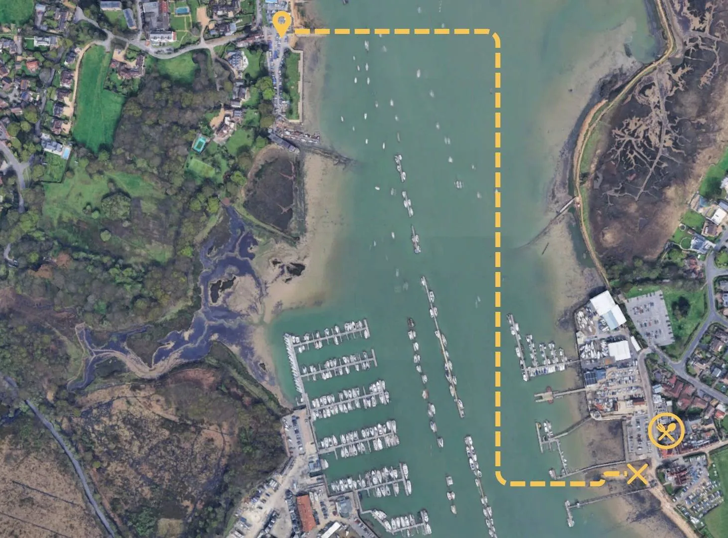 Aerial route map from Yak Shack Hamble Foreshore to Warsash Rising Sun pub