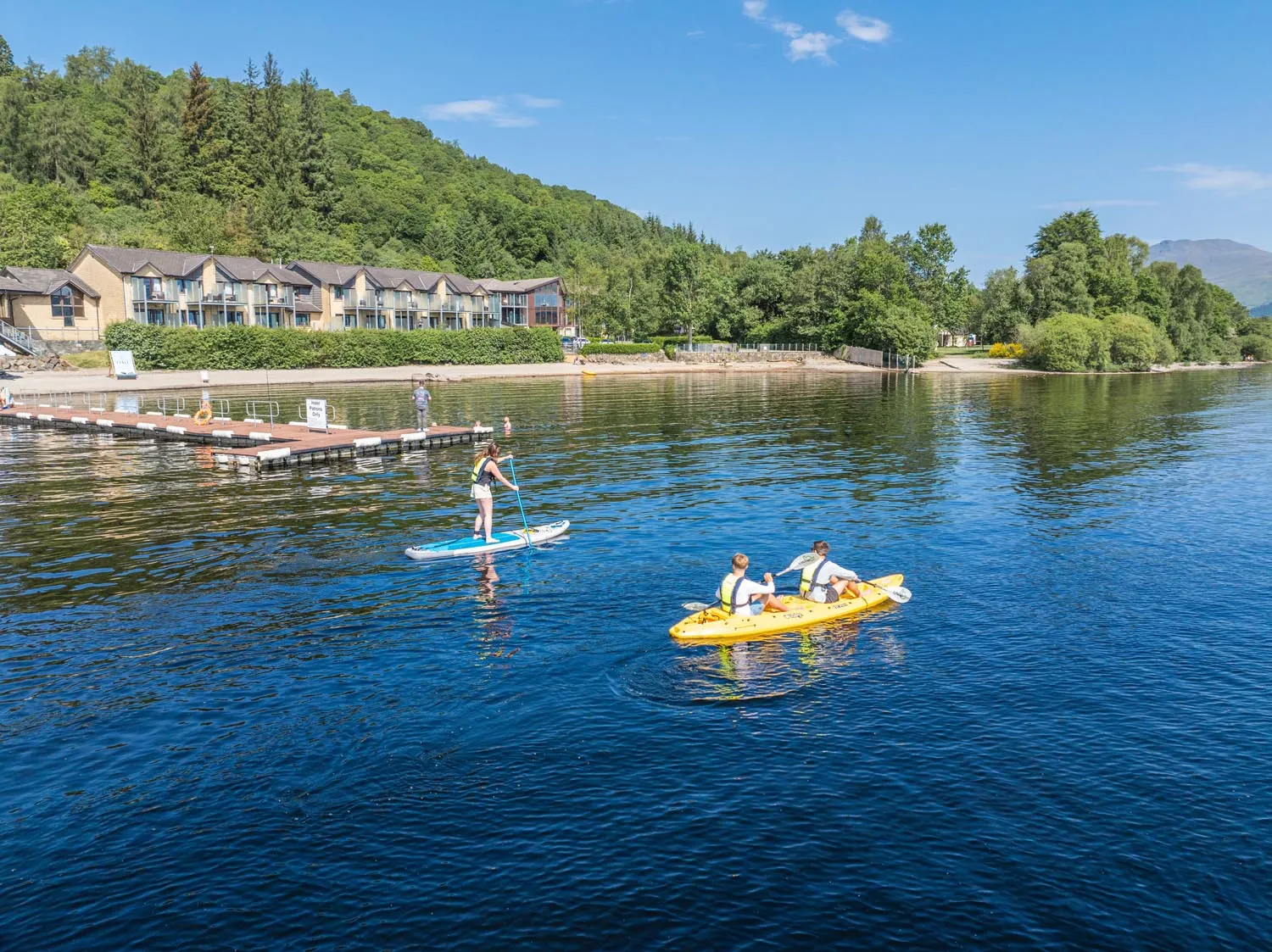 Aerial view of kayaking and paddleboarding on Loch Lomond