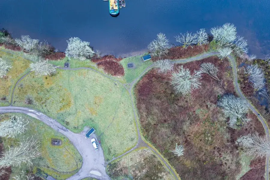 Aerial view of Loch Oich and the Yak Shack at Mandally