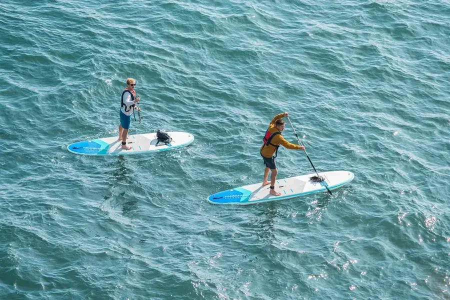 Aerial view of paddleboarders on the sea at Shoreham-on-Sea